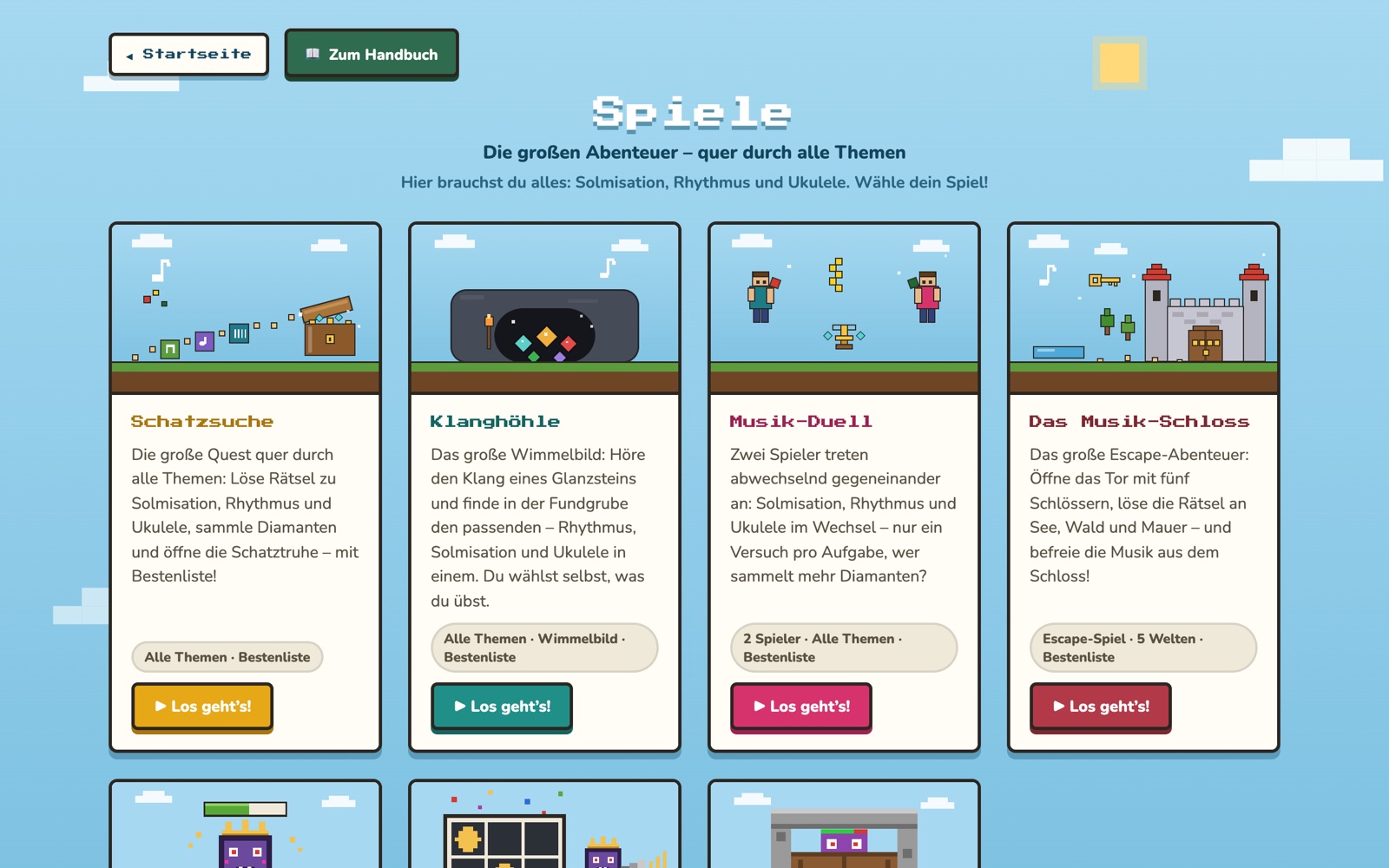 Spiele-Übersicht des Musikbaumeisters mit Schatzsuche, Klanghöhle, Musik-Duell und Musik-Schloss