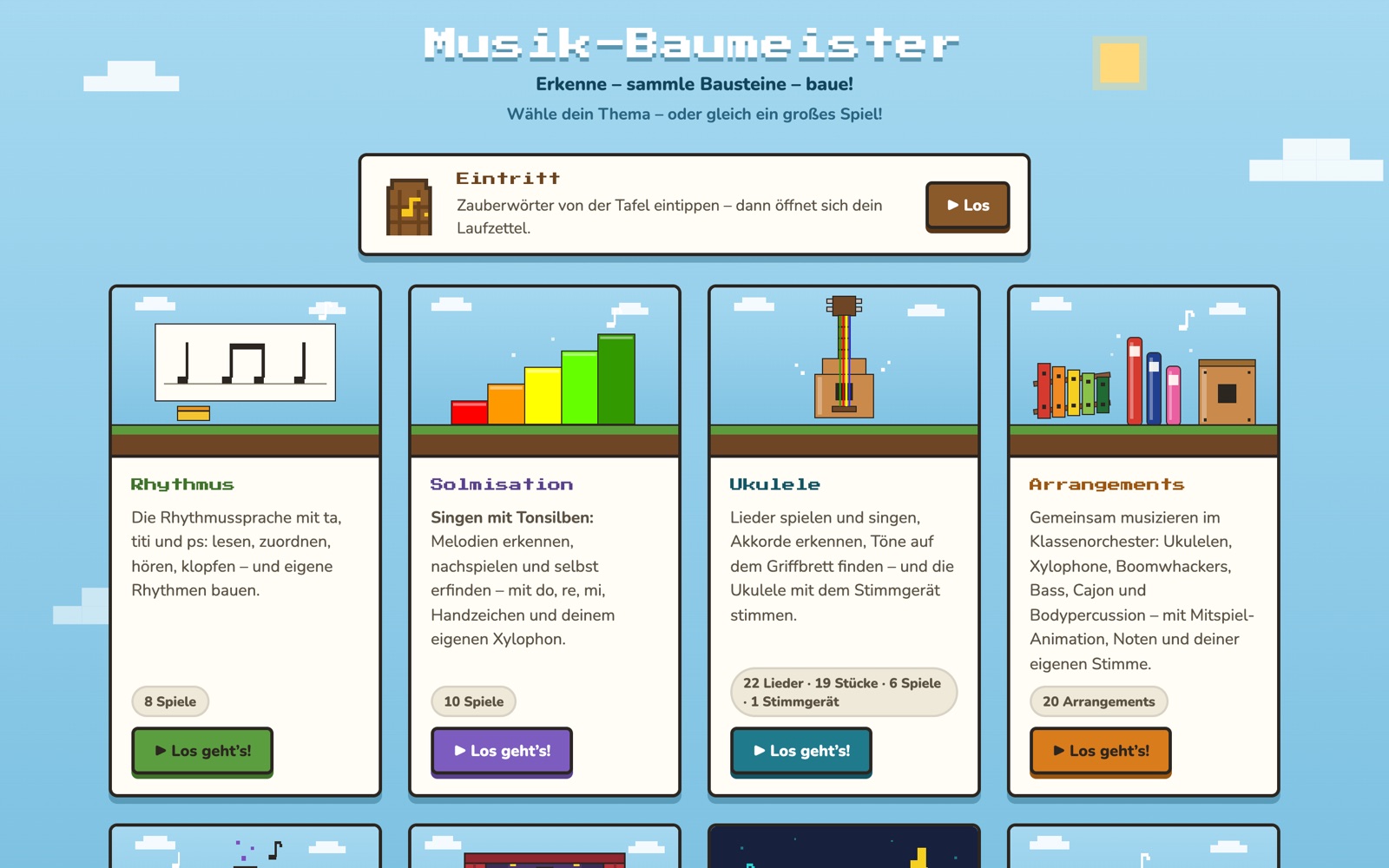 Startseite des Musikbaumeisters in Pixel-Optik mit den Bereichen Rhythmus, Solmisation, Ukulele und Arrangements