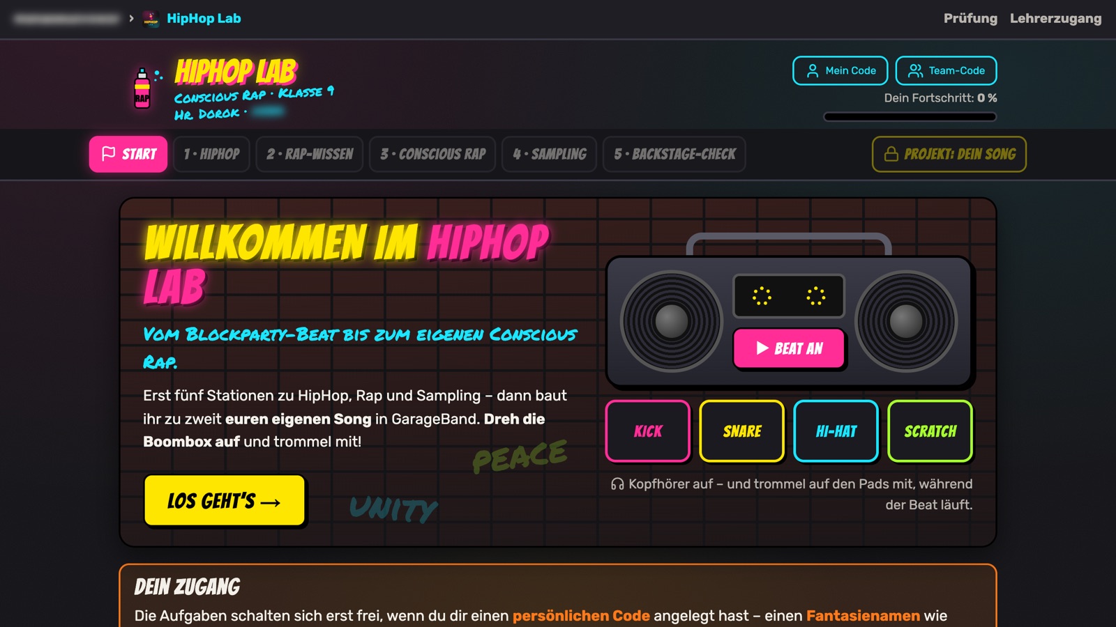 Modul HipHop Lab mit Boombox und Pads für Kick, Snare, Hi-Hat und Scratch