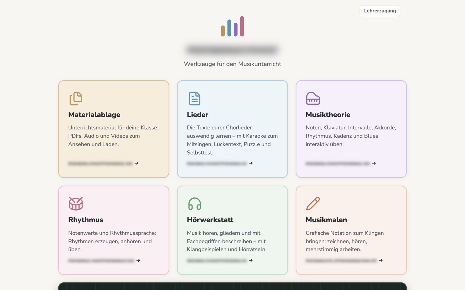 Startseite der Selbstlernplattform mit Kacheln für Materialablage, Lieder, Musiktheorie, Rhythmus, Hörwerkstatt und Musikmalen