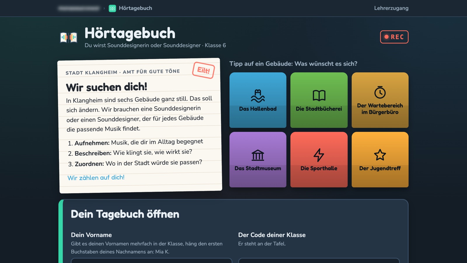 Modul Hörtagebuch: Auftrag der Stadt Klangheim und sechs Gebäude, die passende Musik suchen