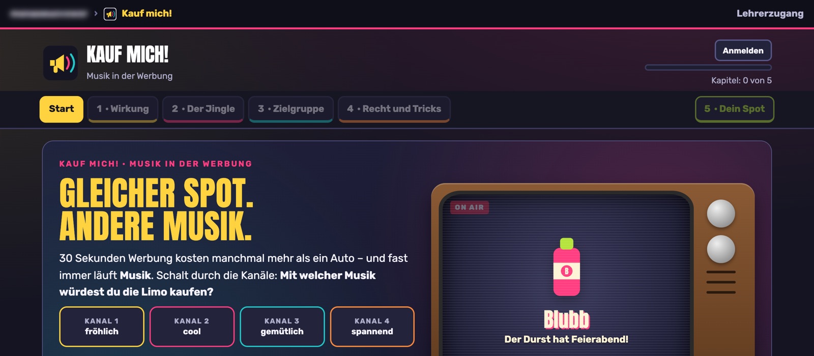 Modul Kauf mich: Ein Fernseher zeigt einen Limo-Spot, darunter vier Kanäle mit unterschiedlicher Musik